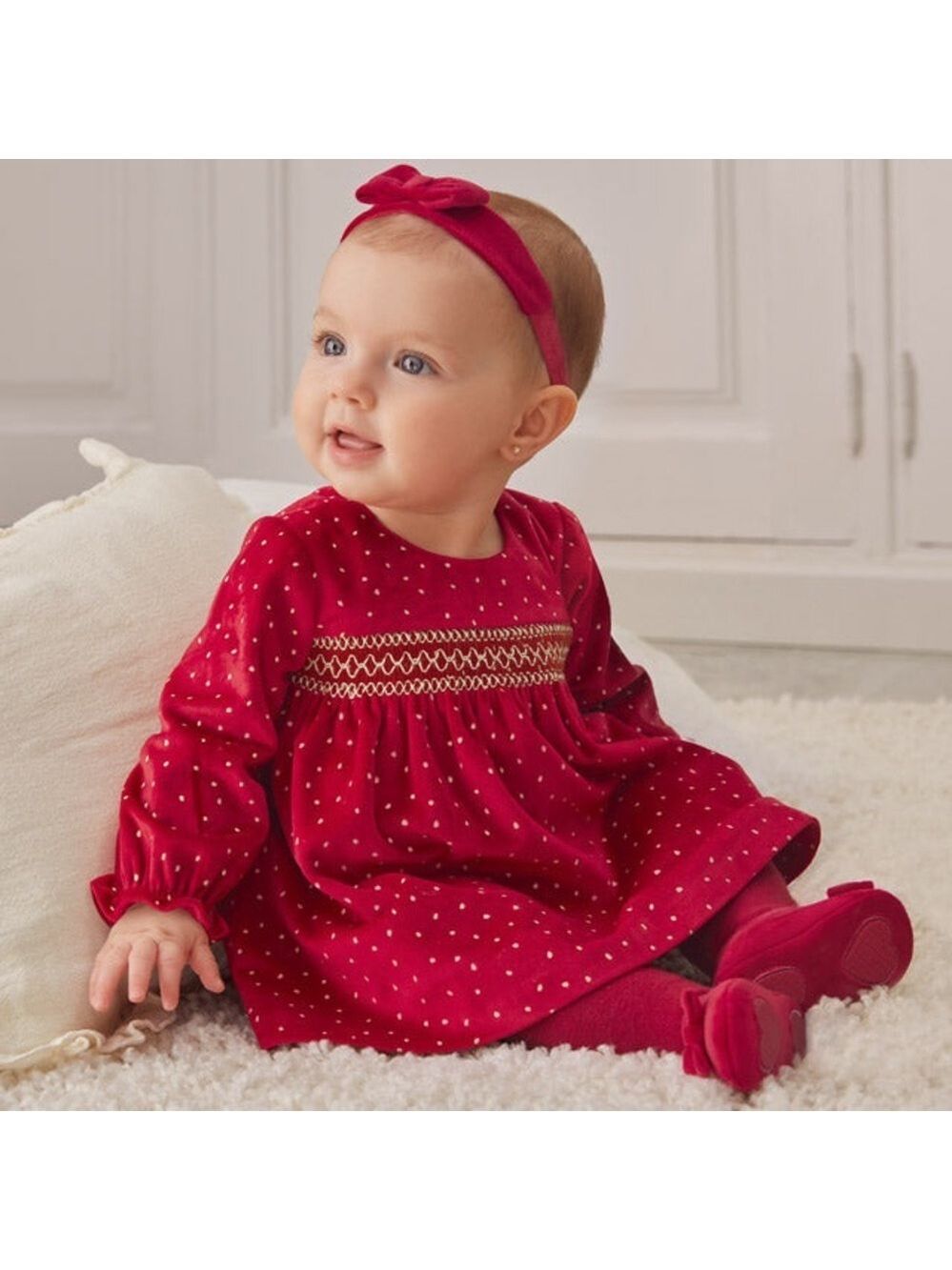 Mayoral Red Smocked Babydoll Dress with Bishop Sleeves
